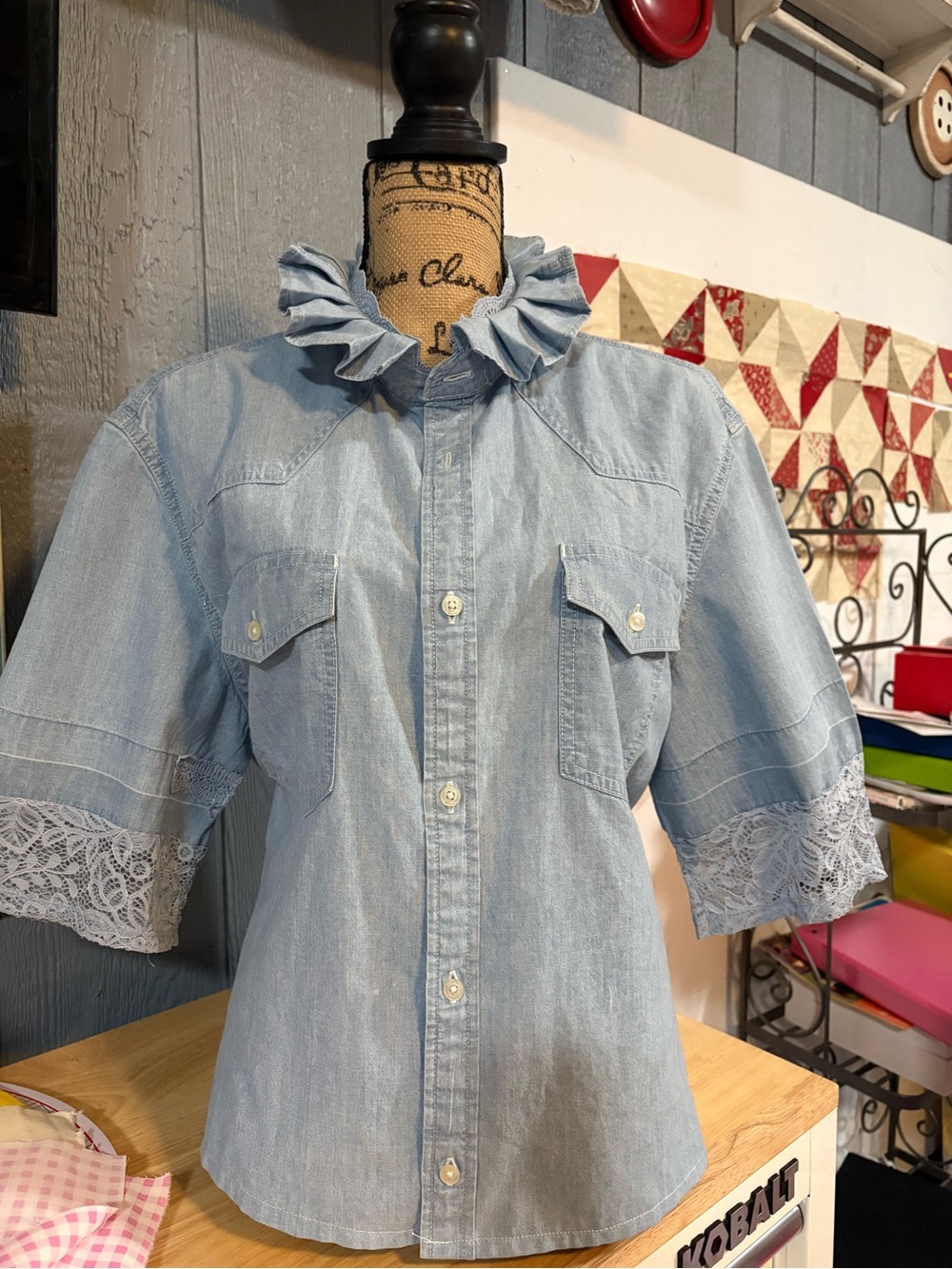 Calvin Klein Jeans Pale Blue Denim Ruffle Collar Button-Down Shirt